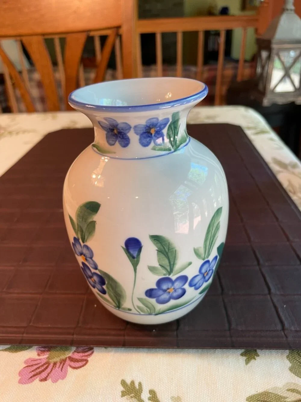 Small Ceramic Bud Vase White with Blue Flowers 5 1/2